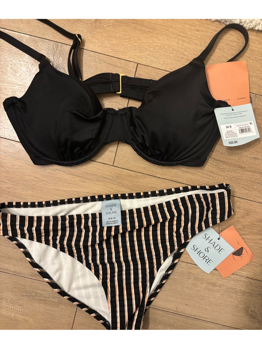 Shade & Shore Black Underwire Bikini Top with black and beige bikini bottoms med